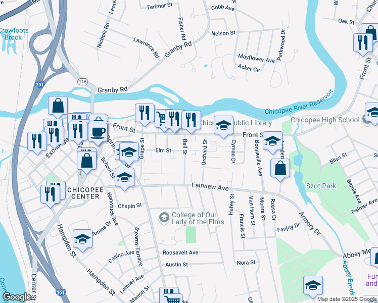 map of restaurants, bars, coffee shops, grocery stores, and more near 41 Bell Street in Chicopee