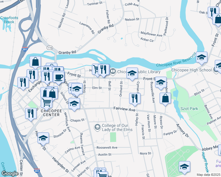 map of restaurants, bars, coffee shops, grocery stores, and more near 41 Bell Street in Chicopee