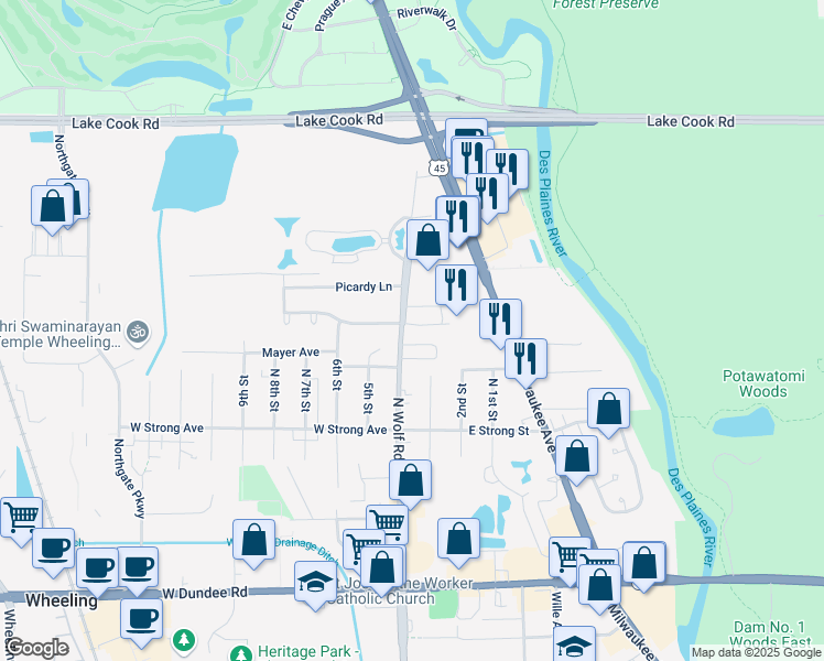 map of restaurants, bars, coffee shops, grocery stores, and more near 35 Legacy Lane in Wheeling