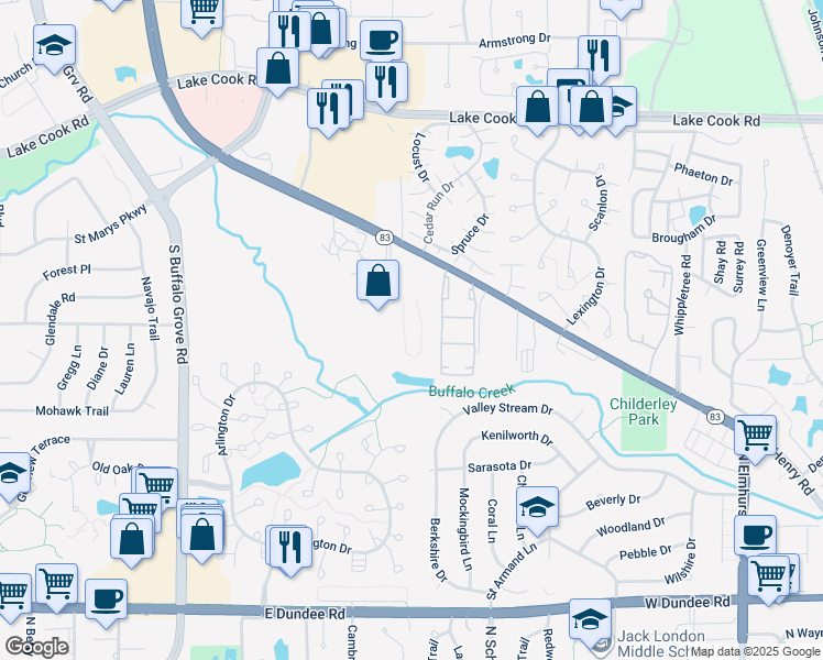 map of restaurants, bars, coffee shops, grocery stores, and more near 586 Fairway View Drive in Wheeling