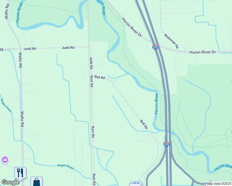 map of restaurants, bars, coffee shops, grocery stores, and more near 21982 Bell Road in Huron Charter Township