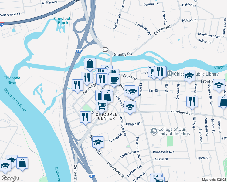 map of restaurants, bars, coffee shops, grocery stores, and more near 48 Center Street in Chicopee