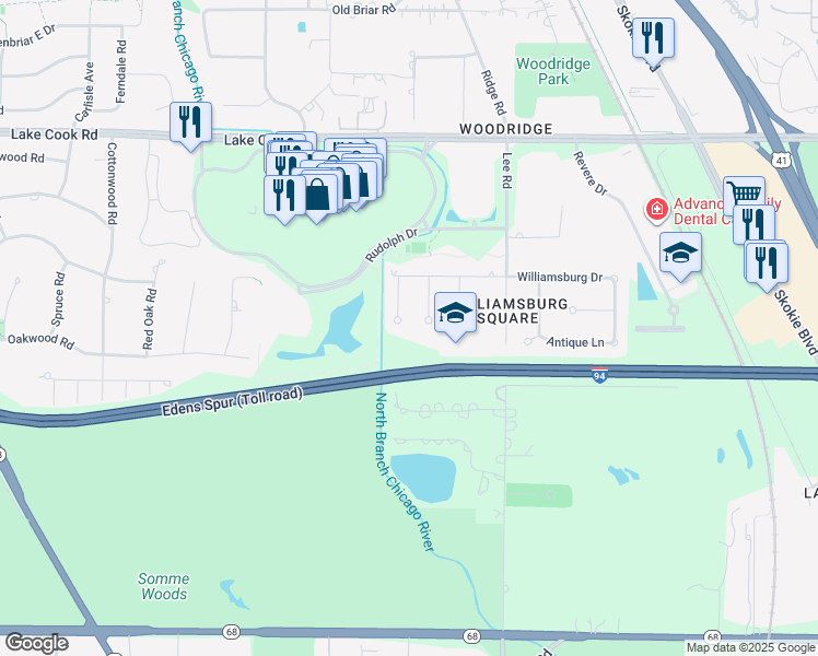 map of restaurants, bars, coffee shops, grocery stores, and more near 323 Red Coach Lane in Northbrook