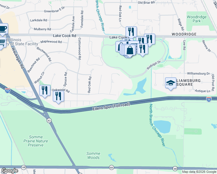 map of restaurants, bars, coffee shops, grocery stores, and more near 302 Linden Road in Northbrook