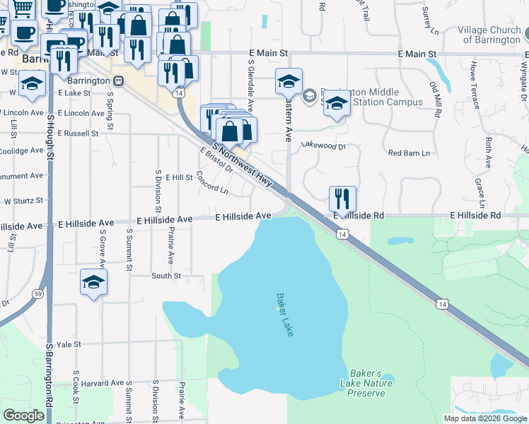 map of restaurants, bars, coffee shops, grocery stores, and more near 804 East Hillside Avenue in Barrington