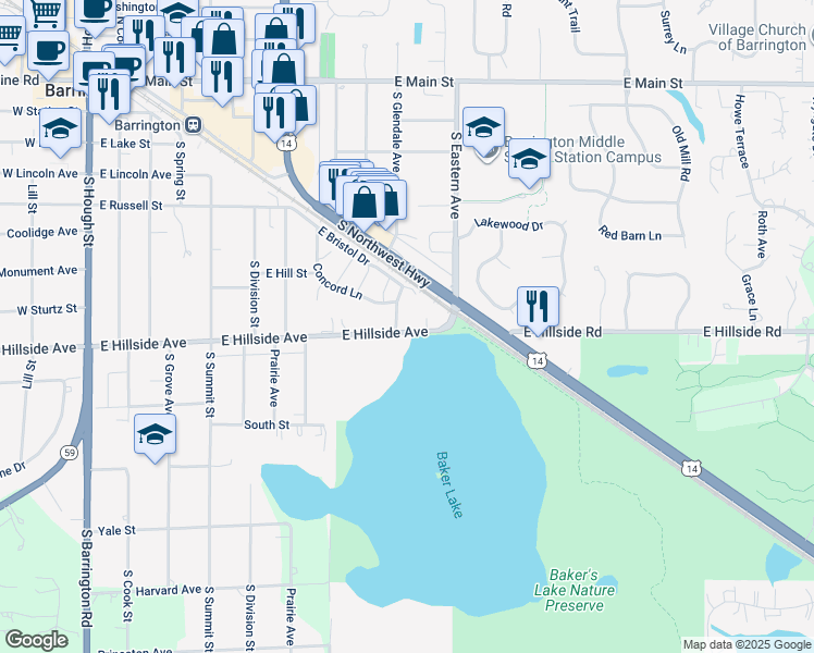 map of restaurants, bars, coffee shops, grocery stores, and more near 890 Bristol Drive in Barrington