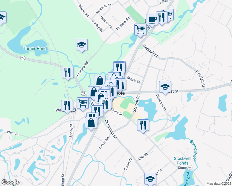 map of restaurants, bars, coffee shops, grocery stores, and more near in Walpole