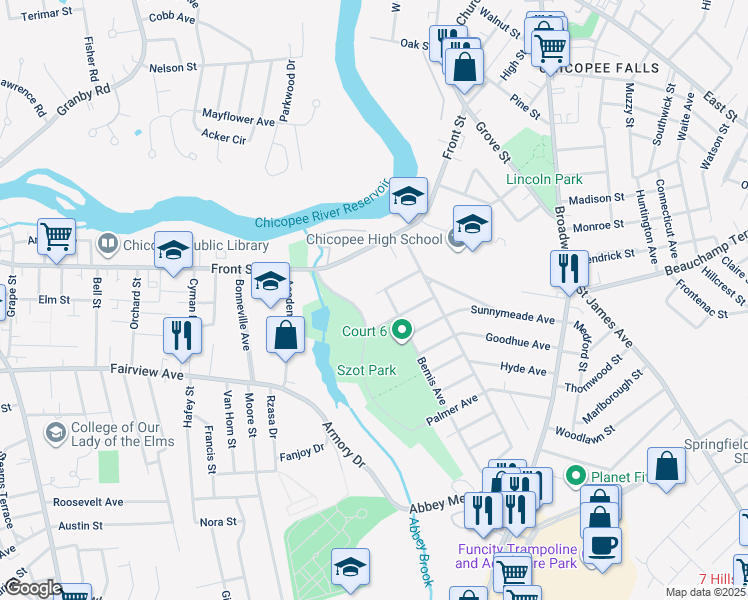 map of restaurants, bars, coffee shops, grocery stores, and more near 61 Harrison Avenue in Chicopee