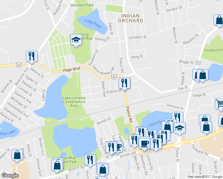 map of restaurants, bars, coffee shops, grocery stores, and more near 48 Dubois Street in Springfield