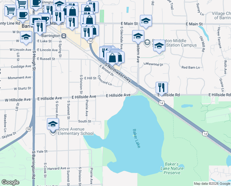 map of restaurants, bars, coffee shops, grocery stores, and more near 754 East Hillside Avenue in Barrington