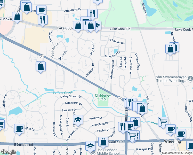 map of restaurants, bars, coffee shops, grocery stores, and more near 456 Thornhill Lane in Wheeling