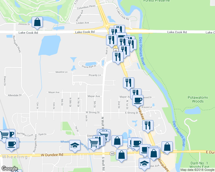 map of restaurants, bars, coffee shops, grocery stores, and more near 35 Legacy Lane in Wheeling