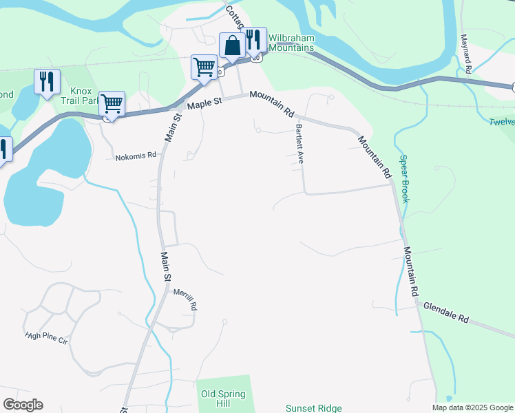 map of restaurants, bars, coffee shops, grocery stores, and more near 30 Bartlett Court in Wilbraham