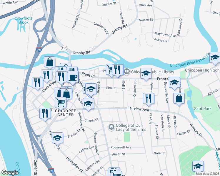 map of restaurants, bars, coffee shops, grocery stores, and more near 30 Elm Street in Chicopee