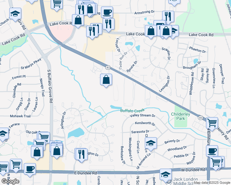 map of restaurants, bars, coffee shops, grocery stores, and more near 586 Fairway View Drive in Wheeling