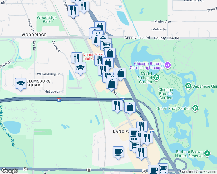 map of restaurants, bars, coffee shops, grocery stores, and more near 290 Skokie Boulevard in Northbrook