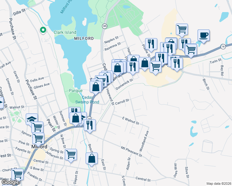 map of restaurants, bars, coffee shops, grocery stores, and more near 19 Middleton Street in Milford