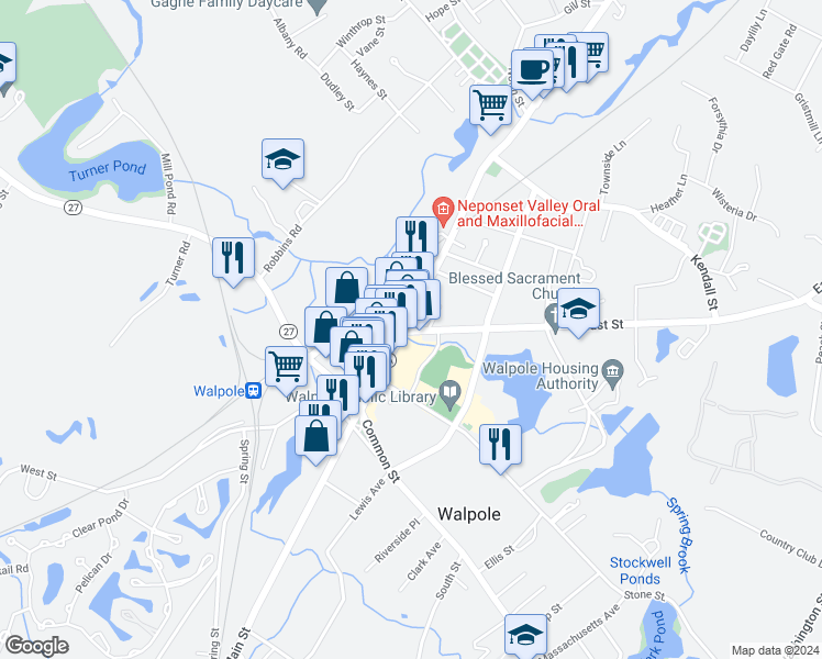 map of restaurants, bars, coffee shops, grocery stores, and more near in Walpole