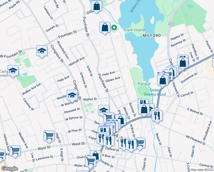 map of restaurants, bars, coffee shops, grocery stores, and more near 11 Purchase Street in Milford