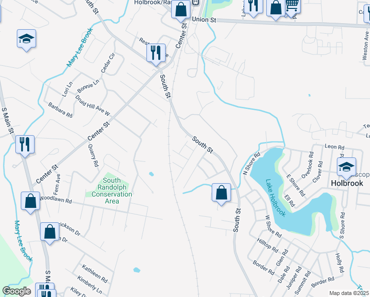 map of restaurants, bars, coffee shops, grocery stores, and more near 14 Orchard Street in Holbrook