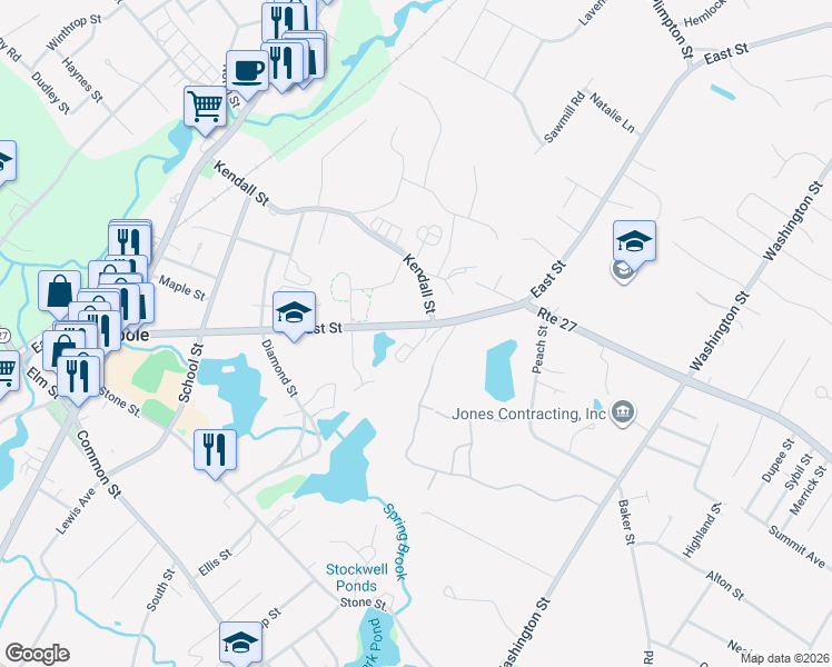 map of restaurants, bars, coffee shops, grocery stores, and more near 720 East Street in Walpole