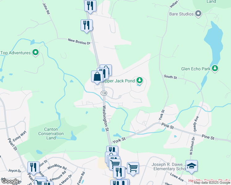 map of restaurants, bars, coffee shops, grocery stores, and more near 1 Stagecoach Road in Canton