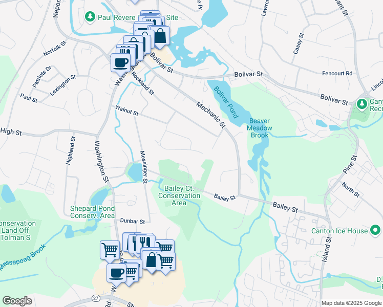 map of restaurants, bars, coffee shops, grocery stores, and more near 32 Walnut Knolls in Canton