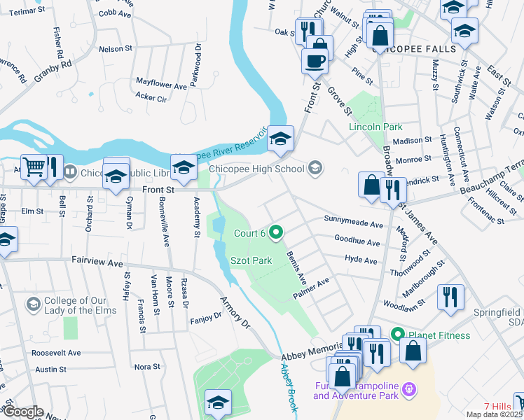map of restaurants, bars, coffee shops, grocery stores, and more near 61 Harrison Avenue in Chicopee