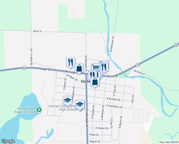 map of restaurants, bars, coffee shops, grocery stores, and more near 122 West Leigh Street in Homer
