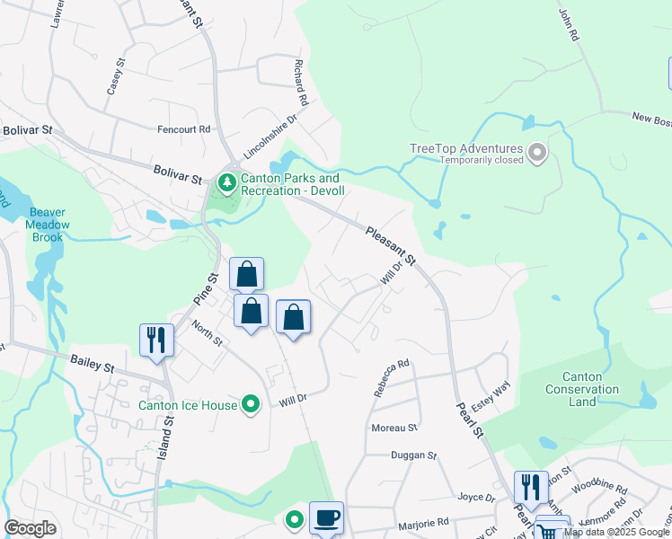 map of restaurants, bars, coffee shops, grocery stores, and more near 8 Forbes Road in Canton