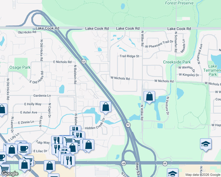 map of restaurants, bars, coffee shops, grocery stores, and more near 2031 West Spring Ridge Drive in Arlington Heights