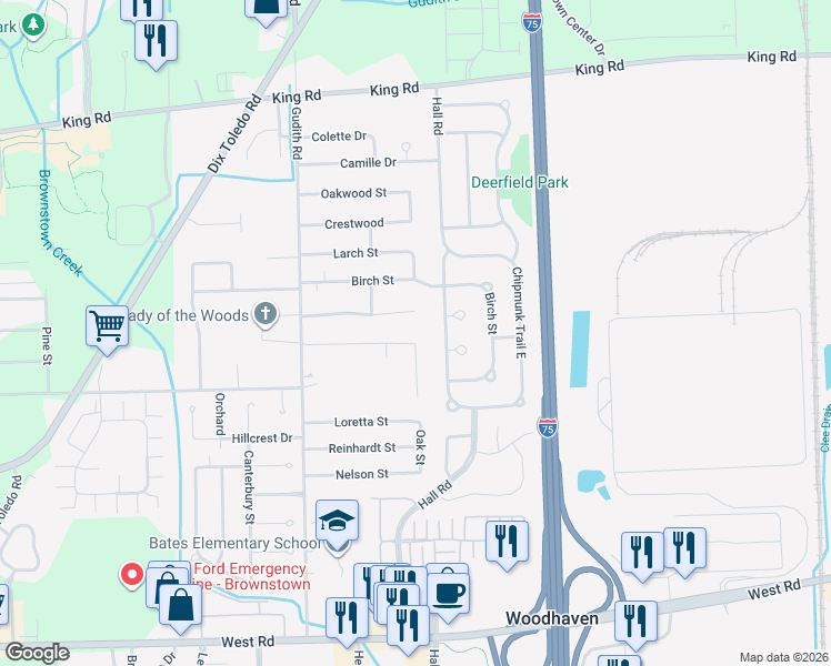 map of restaurants, bars, coffee shops, grocery stores, and more near 22066 Genesis Drive in Trenton