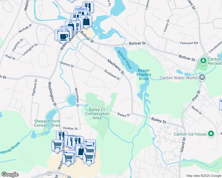 map of restaurants, bars, coffee shops, grocery stores, and more near 32 Walnut Knolls in Canton