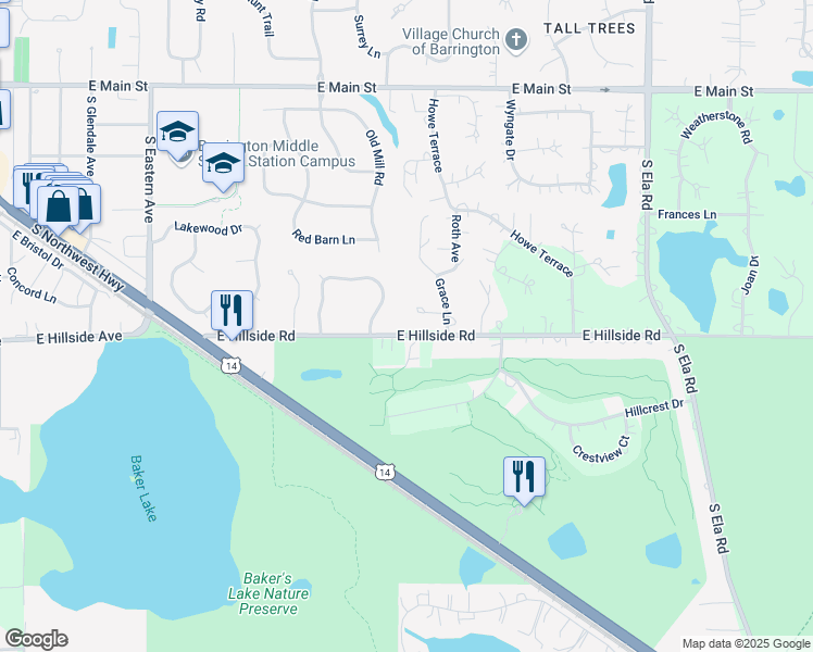 map of restaurants, bars, coffee shops, grocery stores, and more near 140 East Hillside Road in Barrington