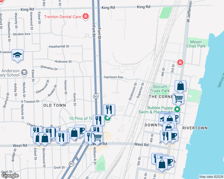 map of restaurants, bars, coffee shops, grocery stores, and more near 1585 Harbour Boulevard in Trenton