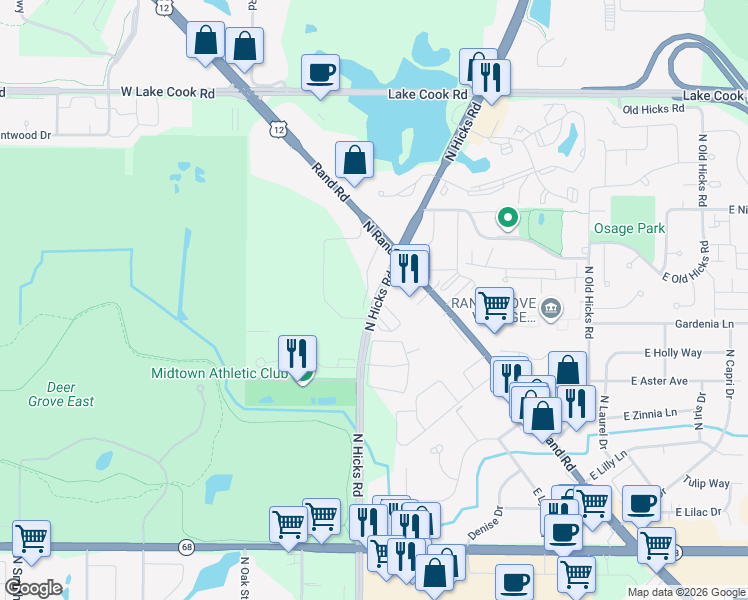 map of restaurants, bars, coffee shops, grocery stores, and more near 2052 North Hicks Road in Palatine