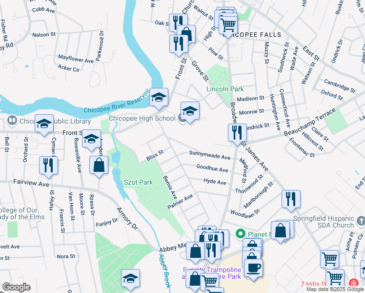 map of restaurants, bars, coffee shops, grocery stores, and more near 43 Archie Street in Chicopee