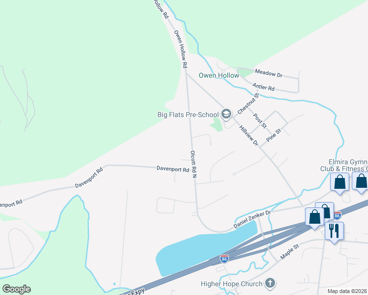 map of restaurants, bars, coffee shops, grocery stores, and more near 71 Olcott Rd N in Big Flats