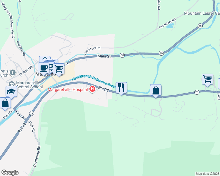 map of restaurants, bars, coffee shops, grocery stores, and more near 42235 New York 28 in Margaretville