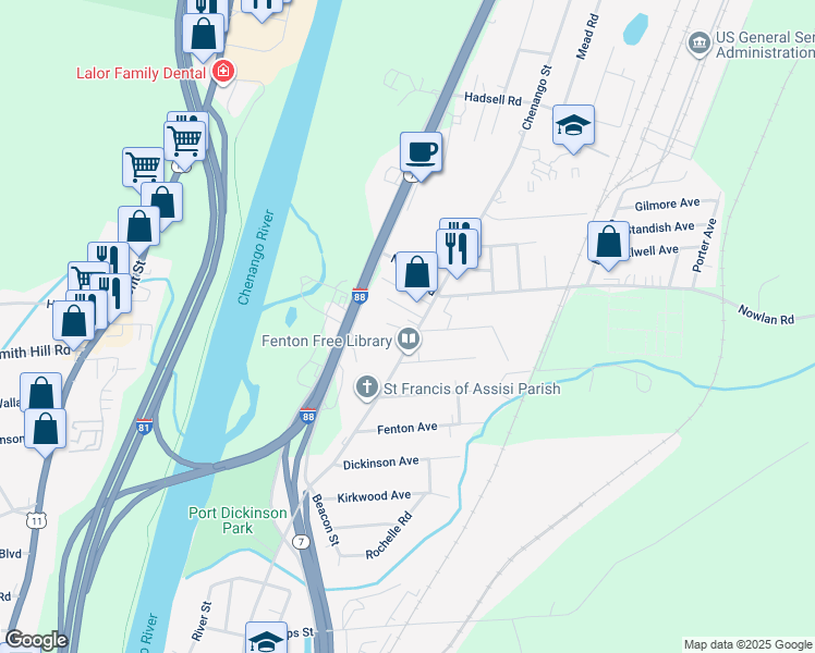 map of restaurants, bars, coffee shops, grocery stores, and more near 1075 Chenango Street in Binghamton