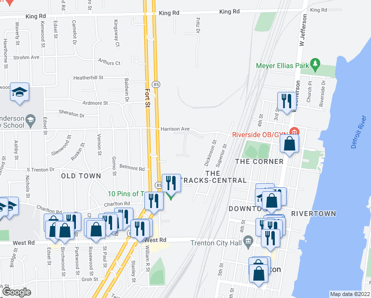 map of restaurants, bars, coffee shops, grocery stores, and more near 1305 Harbour Drive in Trenton