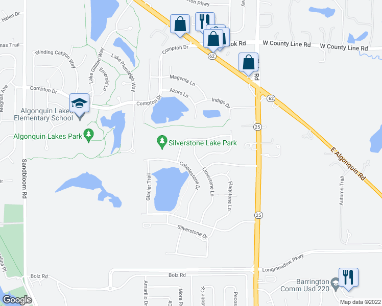 map of restaurants, bars, coffee shops, grocery stores, and more near 2125 Limestone Lane in Carpentersville