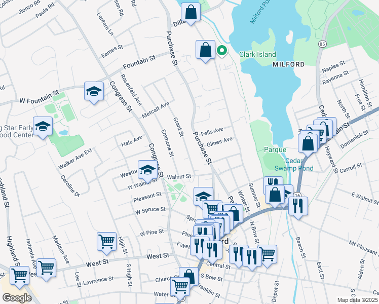 map of restaurants, bars, coffee shops, grocery stores, and more near 15 Grant Street in Milford