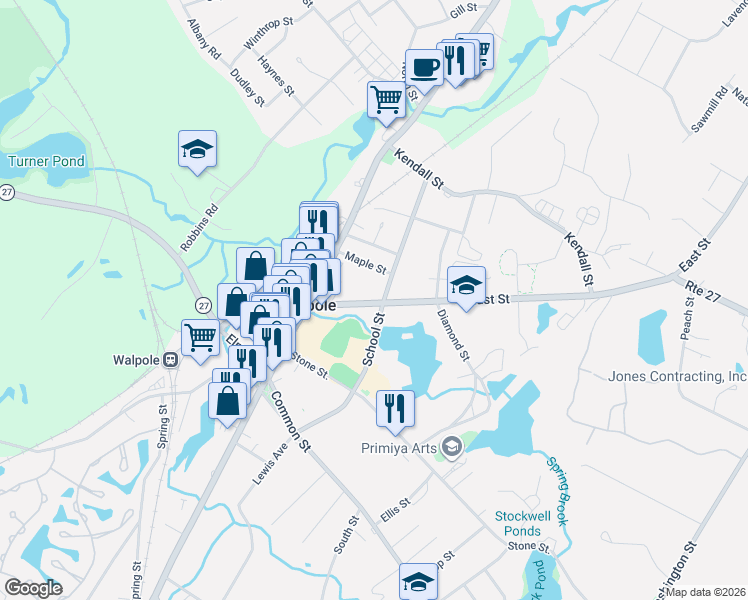 map of restaurants, bars, coffee shops, grocery stores, and more near South Walpole Street in Norfolk County