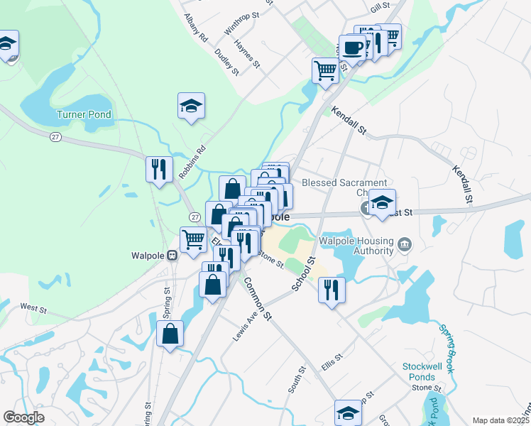map of restaurants, bars, coffee shops, grocery stores, and more near 989 East Street in Walpole