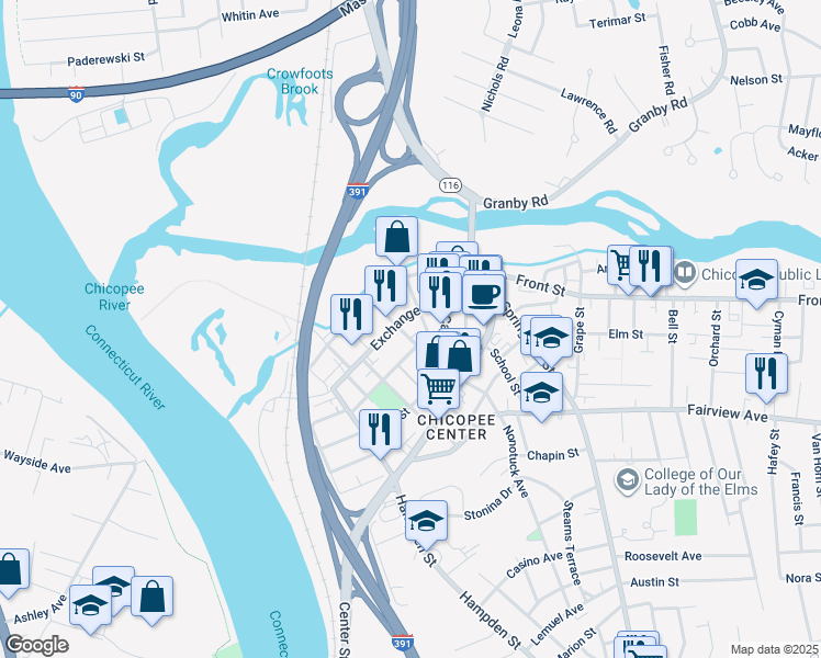 map of restaurants, bars, coffee shops, grocery stores, and more near 52 Dwight Street in Chicopee