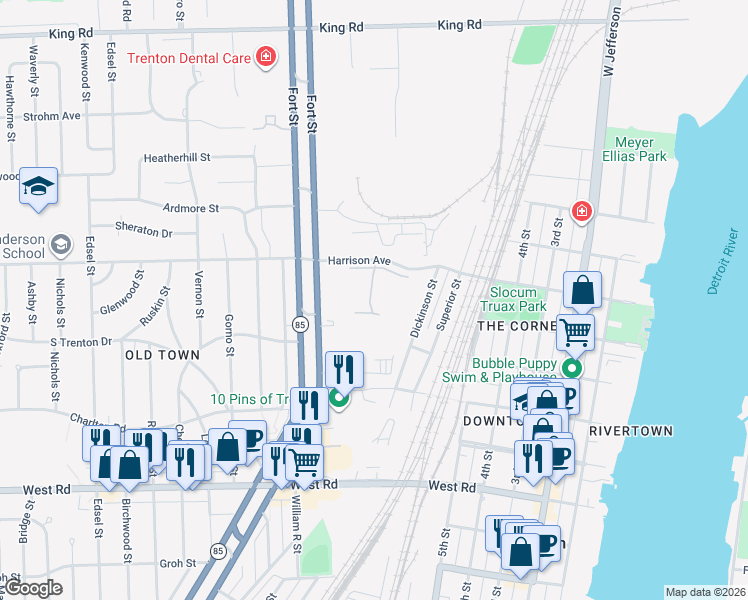 map of restaurants, bars, coffee shops, grocery stores, and more near 1585 Harbour Boulevard in Trenton