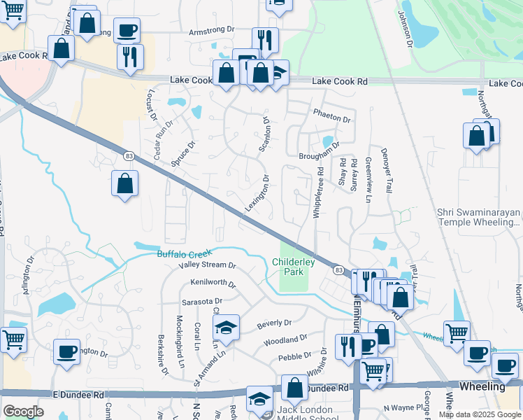 map of restaurants, bars, coffee shops, grocery stores, and more near 453 Thornhill Lane in Wheeling