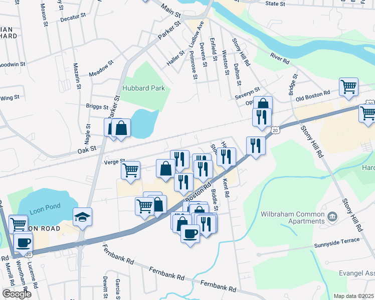map of restaurants, bars, coffee shops, grocery stores, and more near 208 Laconia Street in Springfield