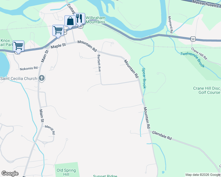 map of restaurants, bars, coffee shops, grocery stores, and more near 123 Bartlett Avenue in Wilbraham